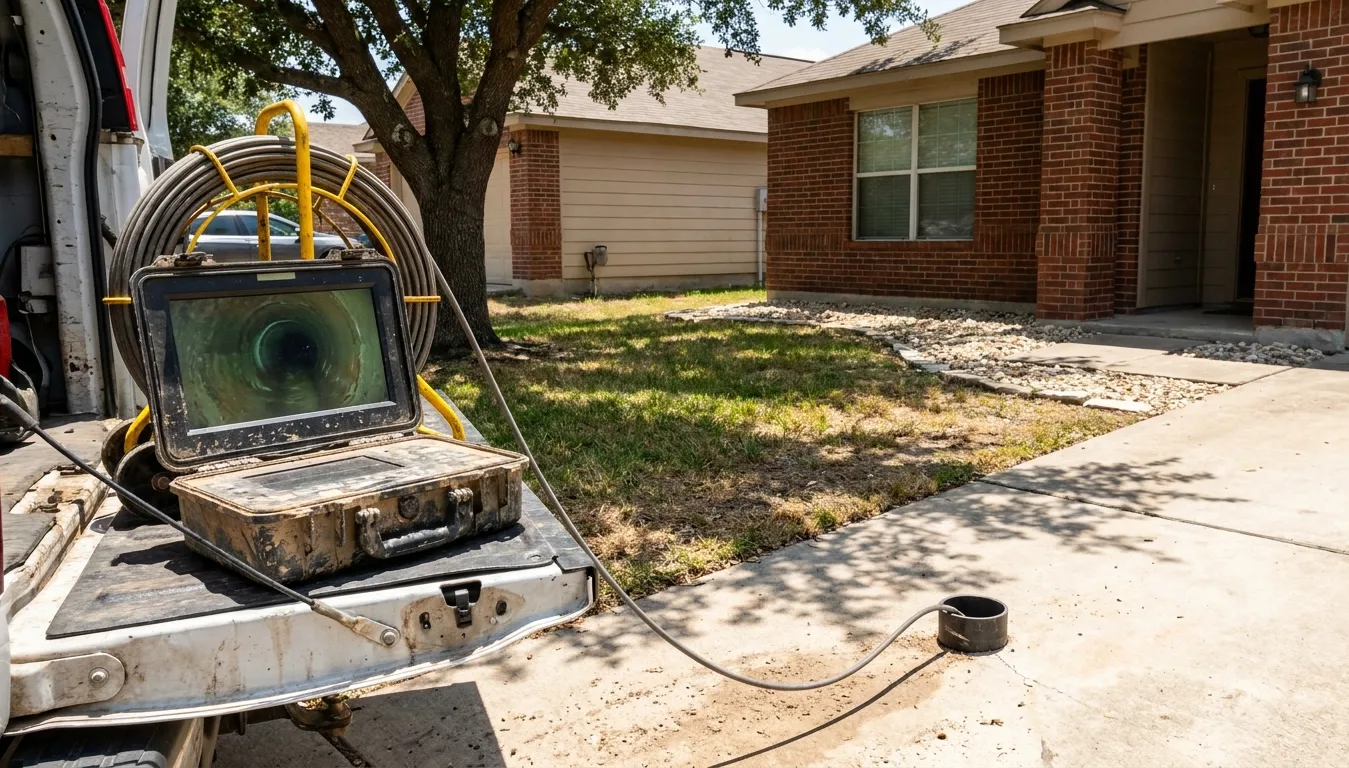 A drain inspection monitor propped on a tailgate showing the inside of a pipe, with the camera reel and coiled push rod beside it