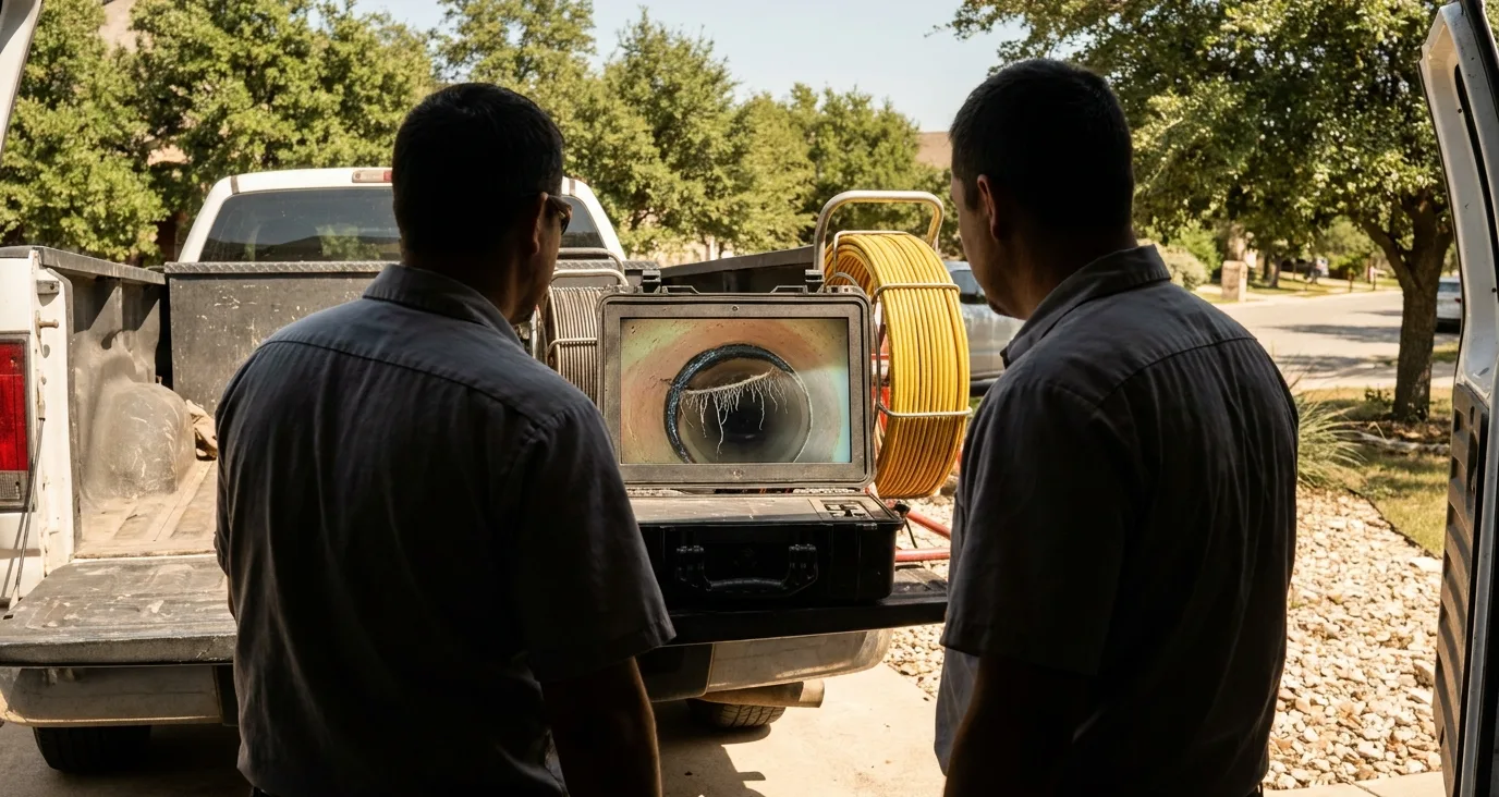 A drain inspection monitor showing fine roots entering a sewer pipe through an opened joint, the screen watched from behind