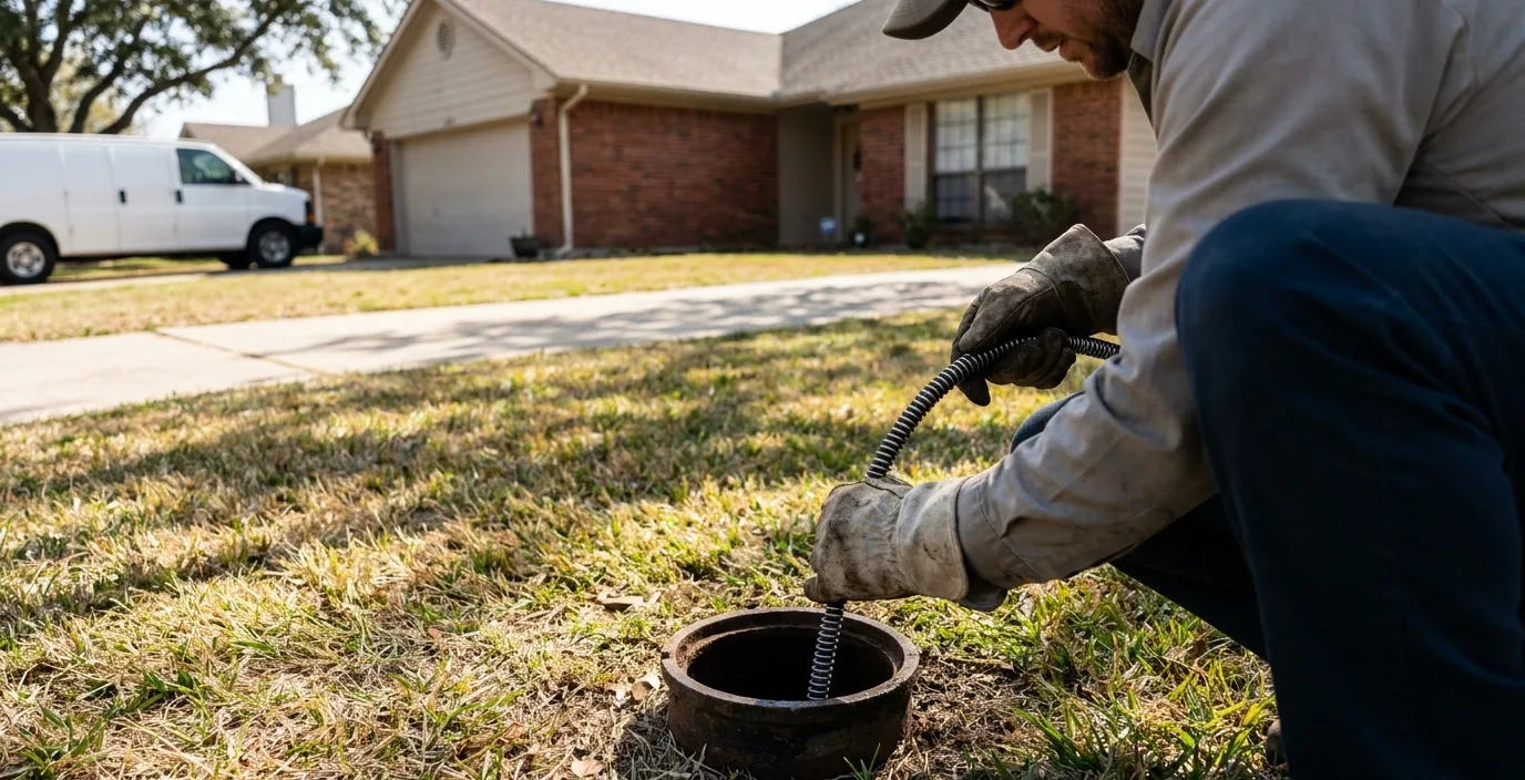 A technician crouched at an open sewer cleanout in a Kyle front yard, guiding a cable into the line by hand