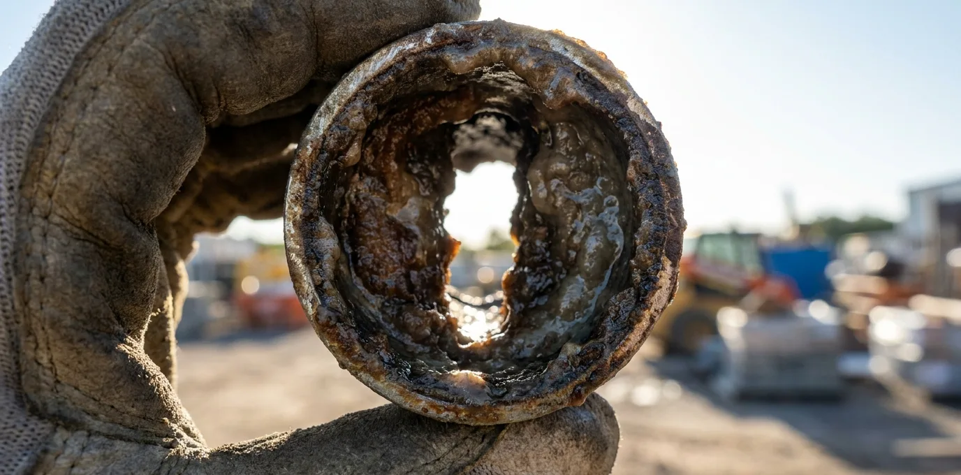 A cut section of old kitchen waste pipe held up to the light, its opening reduced to a narrow channel by a thick ring of hardened grease