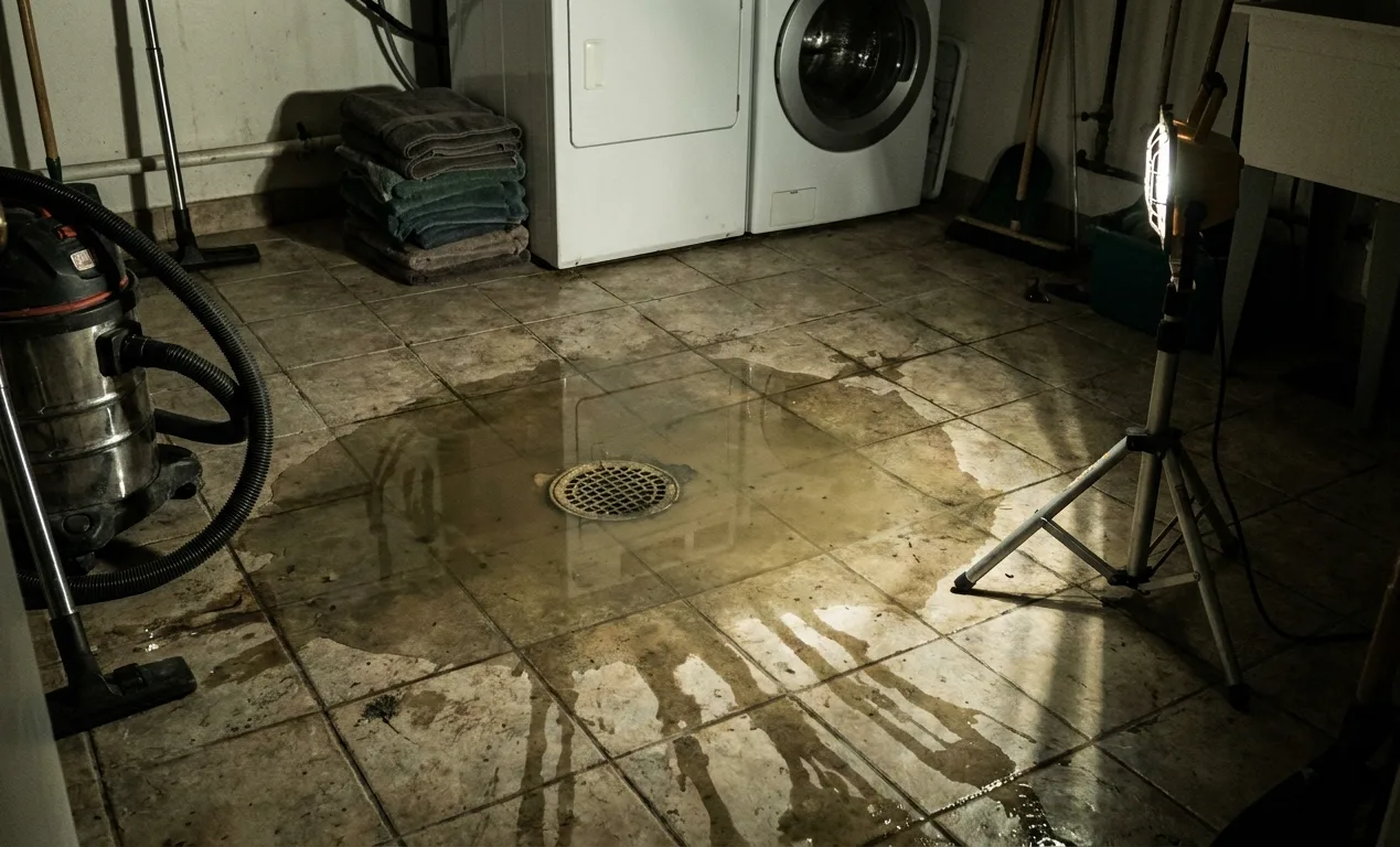 Waste water standing over a tiled utility room floor drain at night, lit by a work lamp with a wet vacuum standing ready beside it